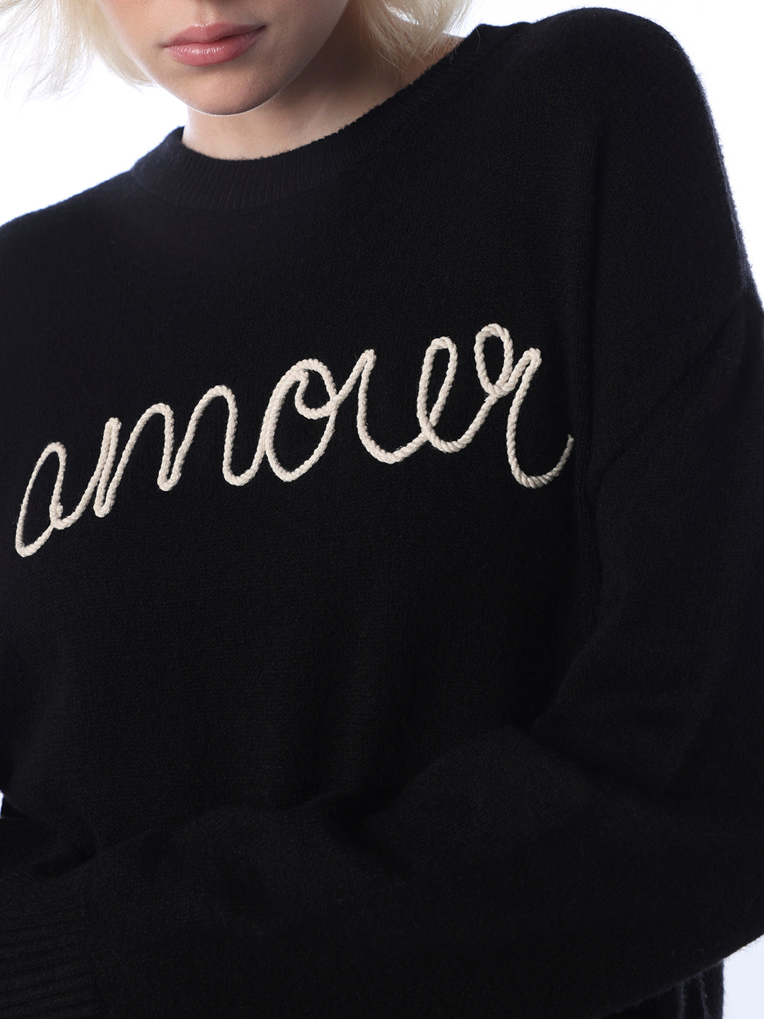 Embroidered Text Fine Knit Pullover