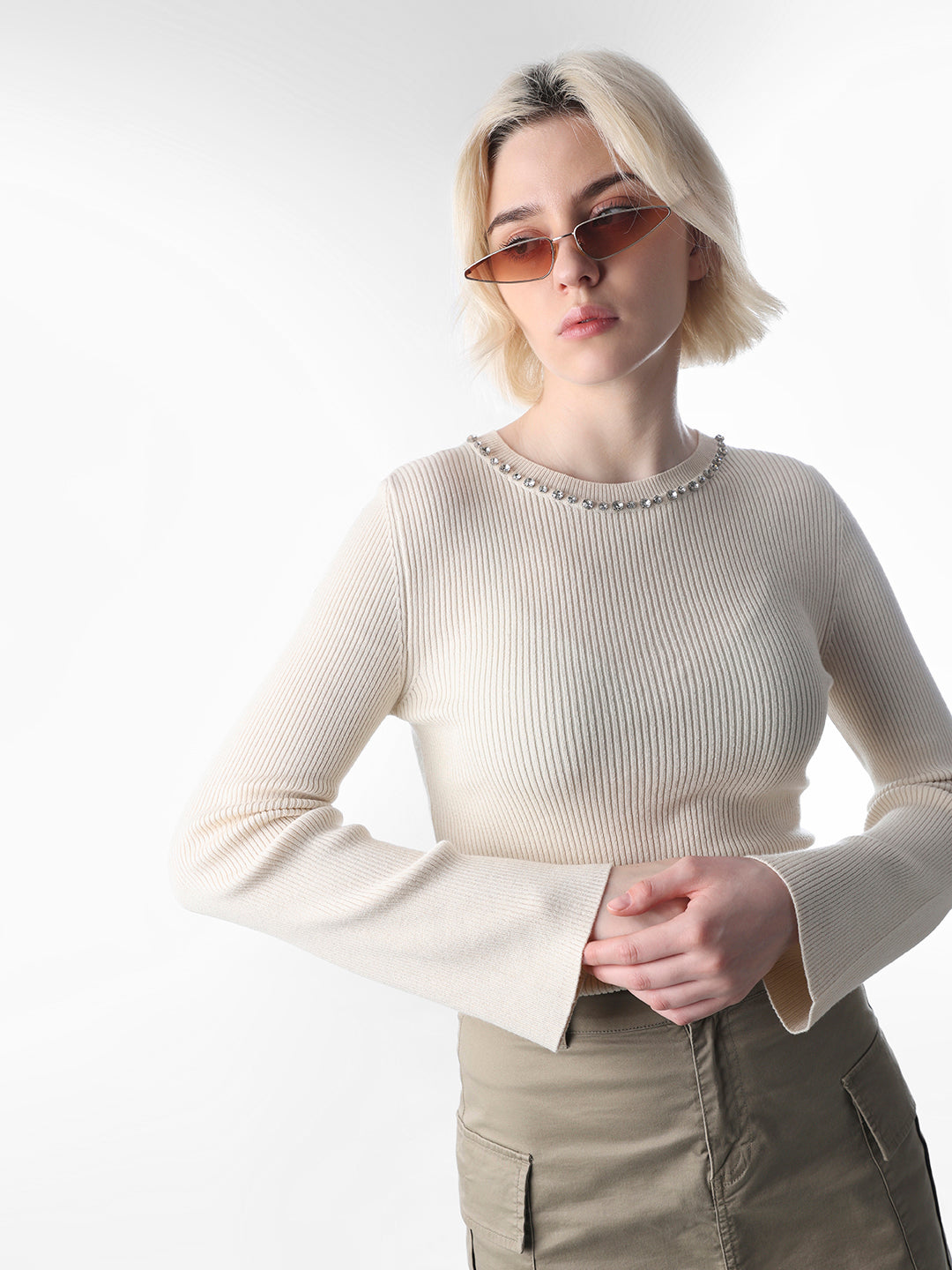 Cream Rhinestone Detail Pullover