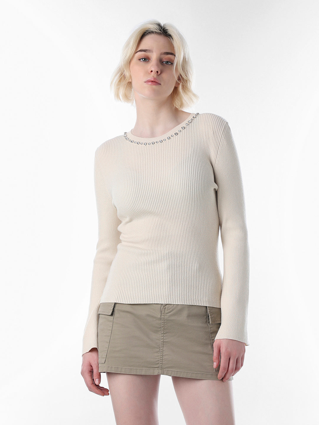 Cream Rhinestone Detail Pullover