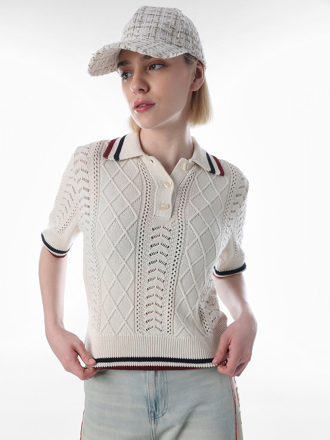 トップス MULTI BORDER LOGO KNIT POLO TOP Cream Textured Knit Polo