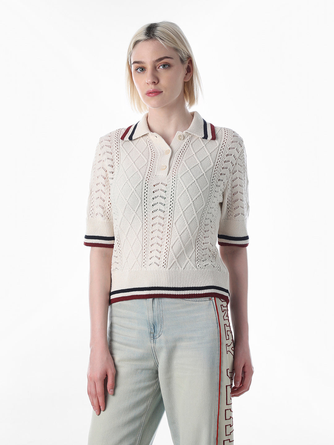 Cream Textured Knit Polo