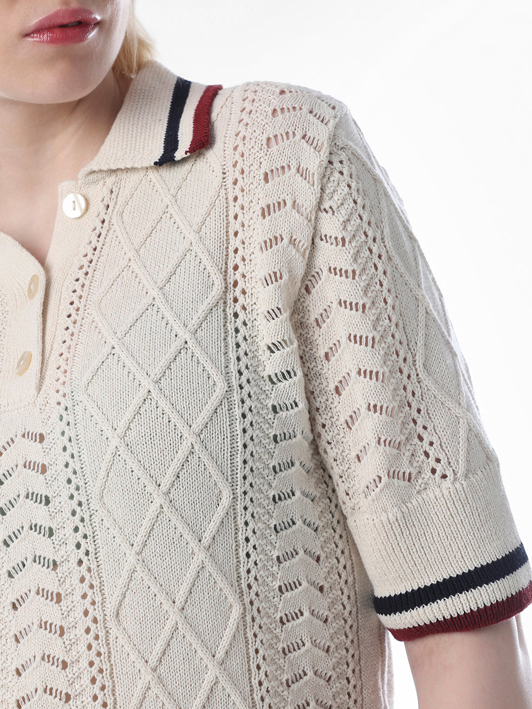 Cream Textured Knit Polo