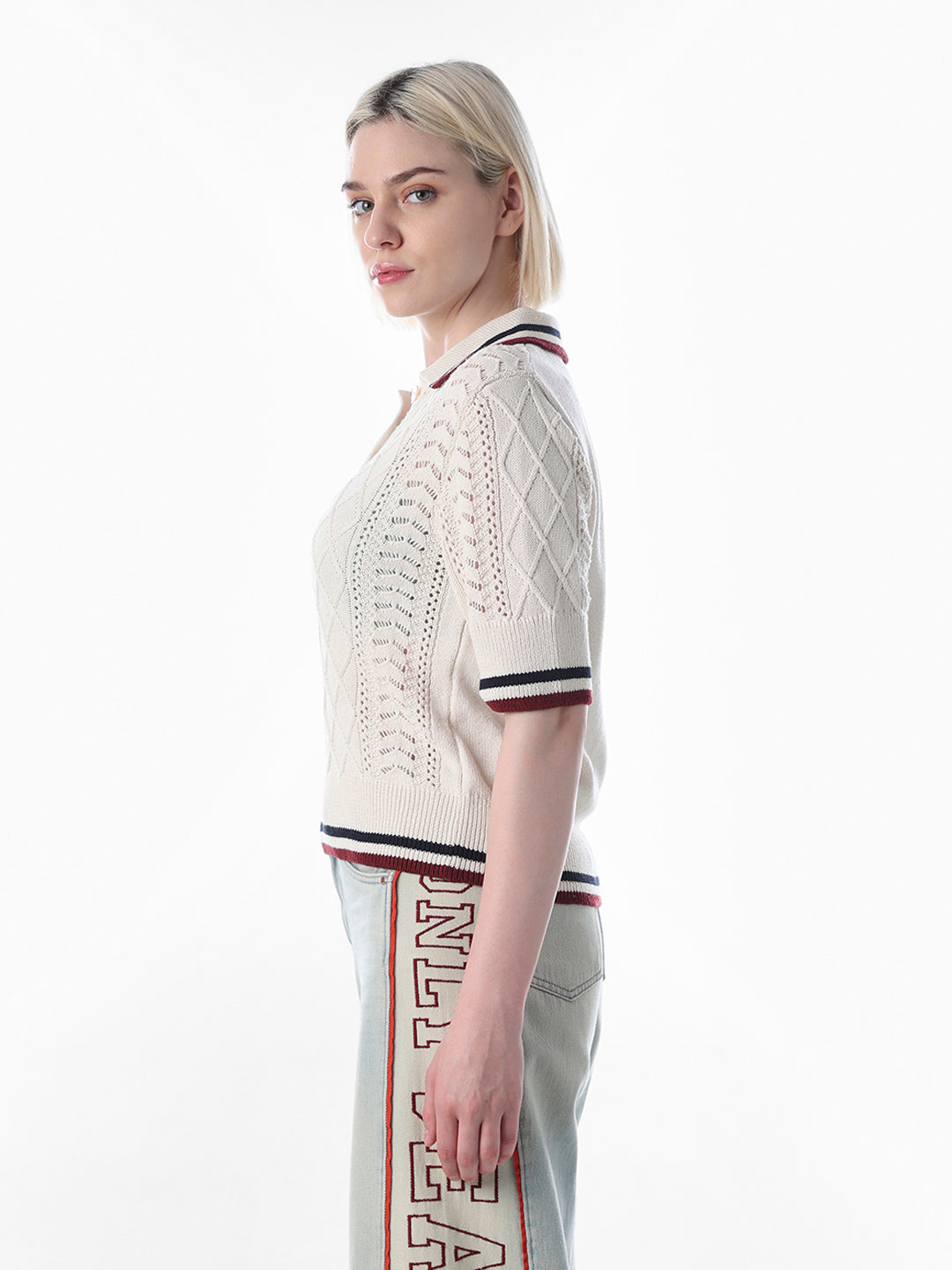 Cream Textured Knit Polo