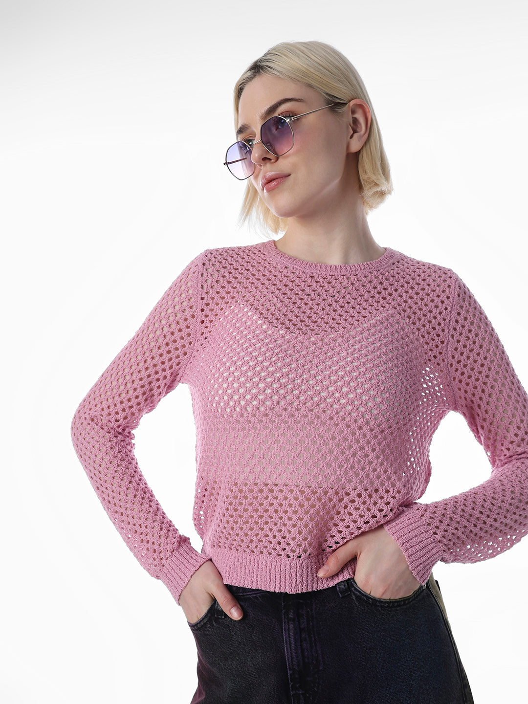 Pink Cut-Work O-Neck Pullover