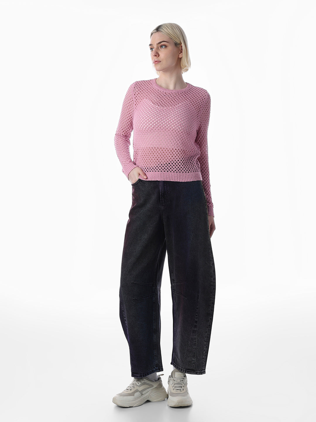 Pink Cut-Work O-Neck Pullover