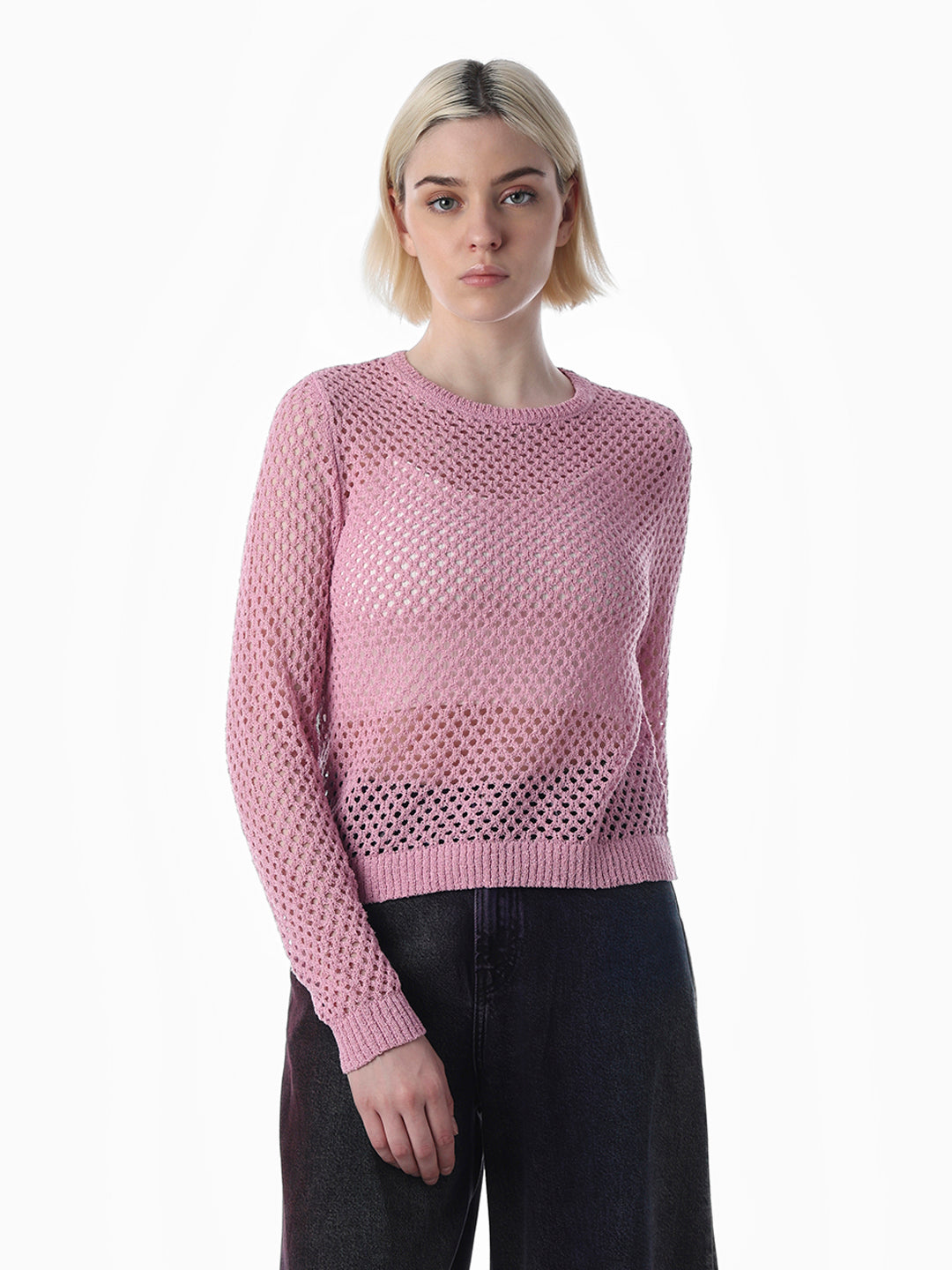 Pink Cut-Work O-Neck Pullover