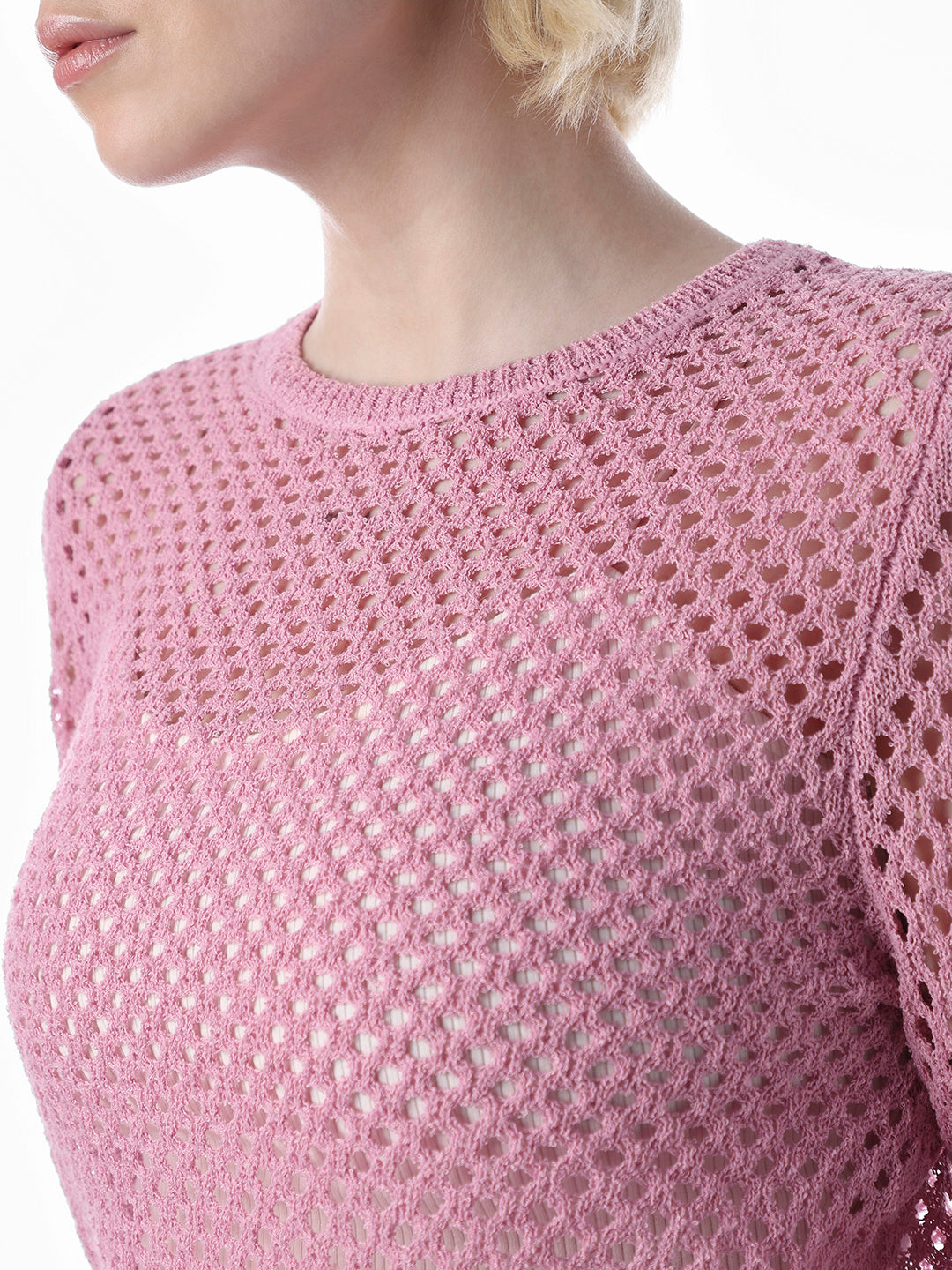 Pink Cut-Work O-Neck Pullover