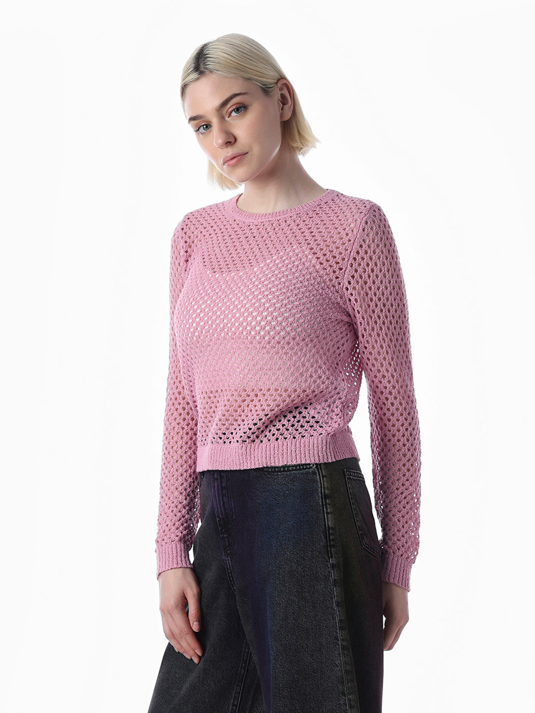 Pink Cut-Work O-Neck Pullover