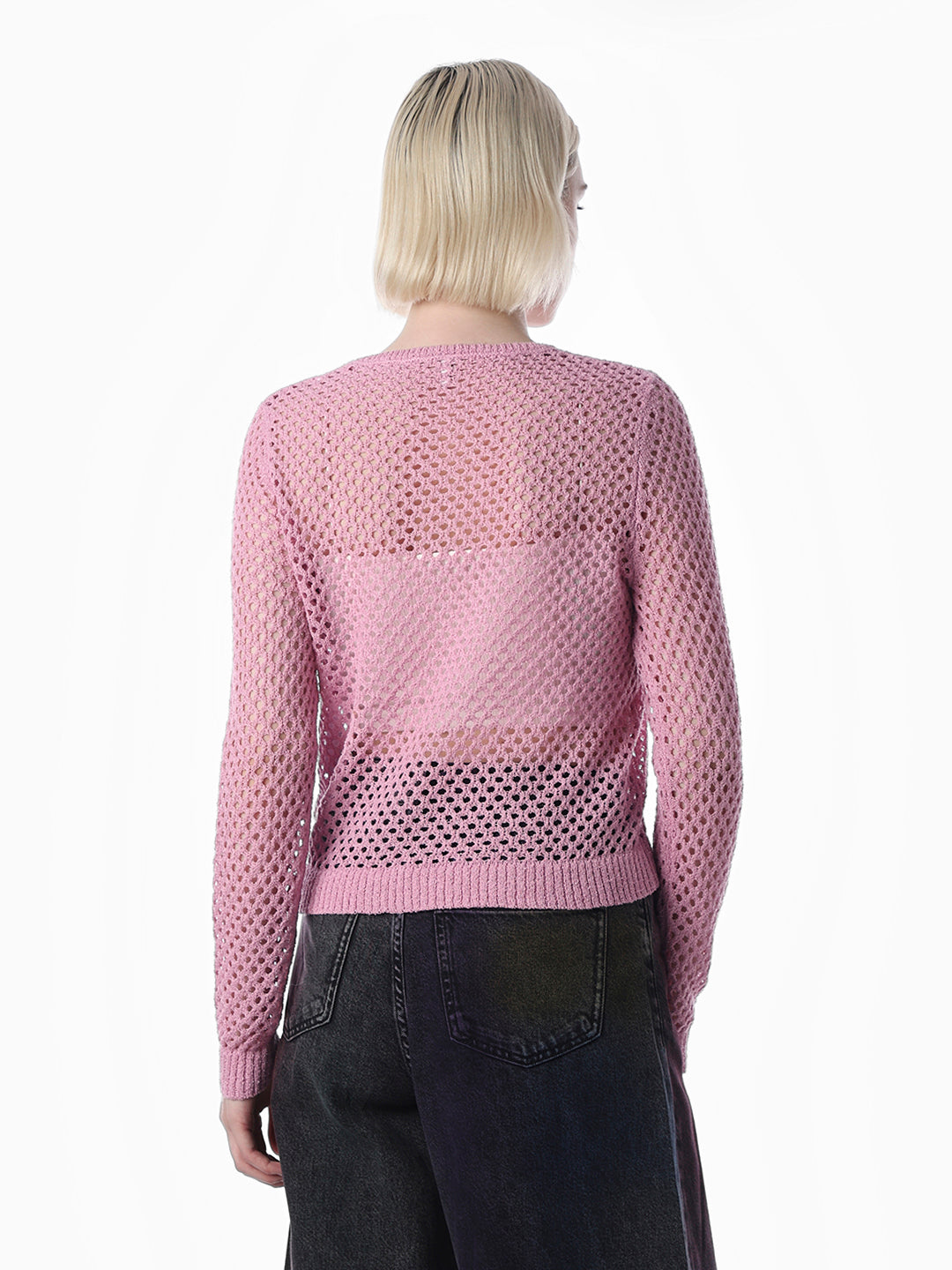 Pink Cut-Work O-Neck Pullover