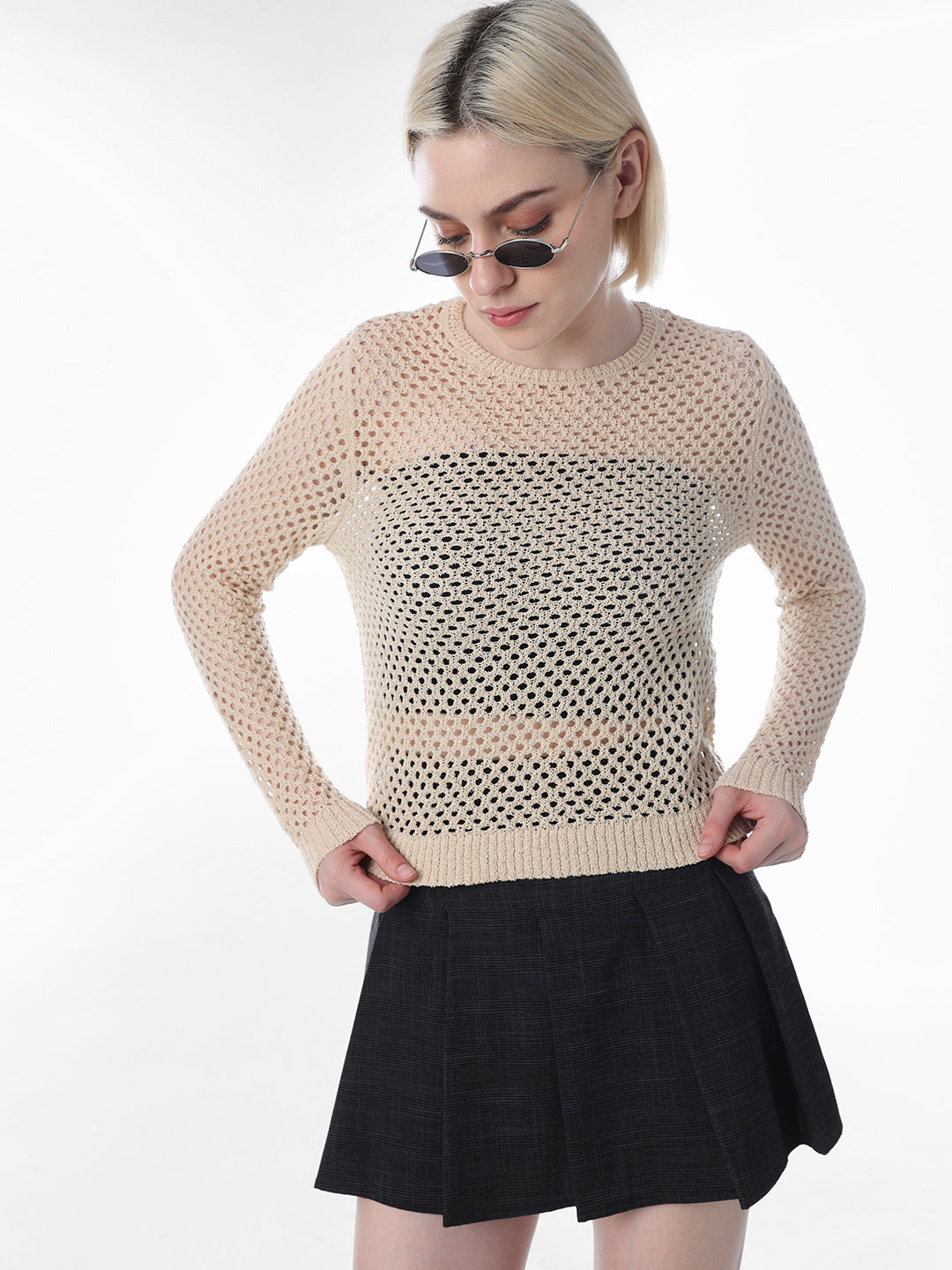 Beige Cut-Work O-Neck Pullover