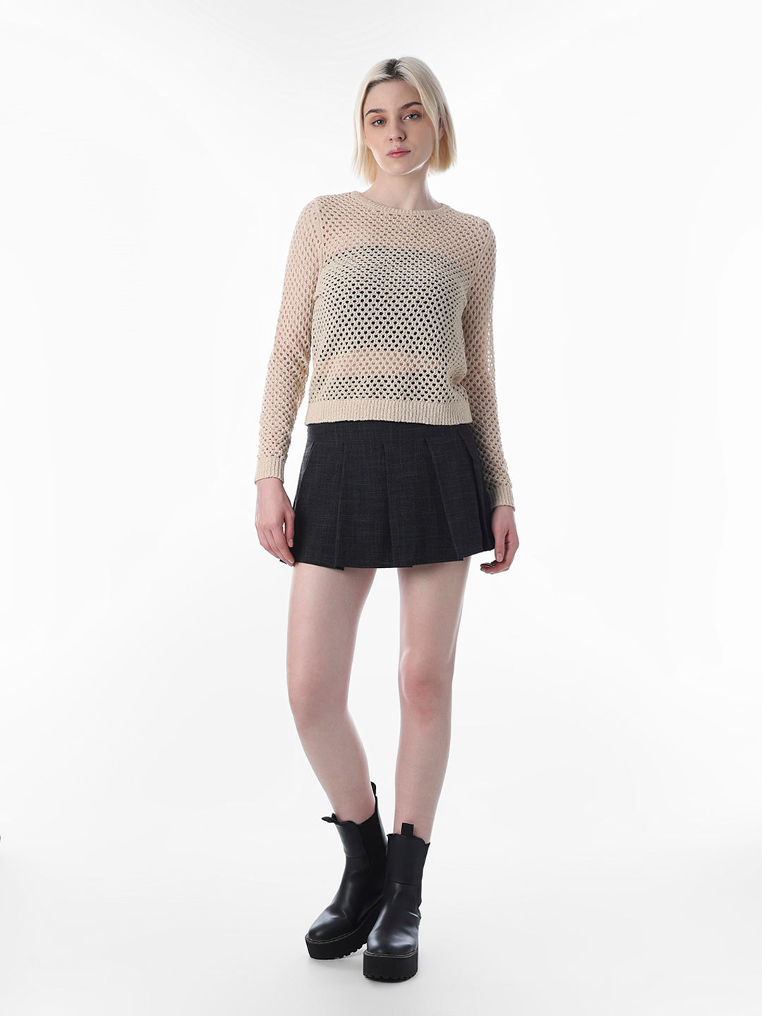 Beige Cut-Work O-Neck Pullover