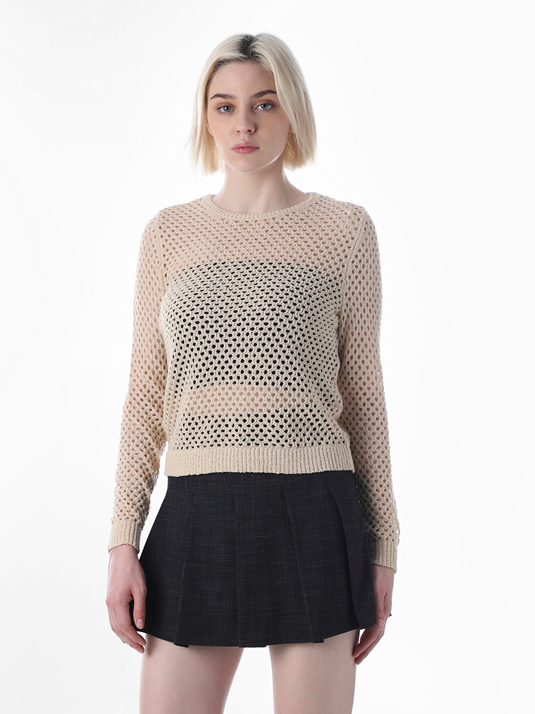 Beige Cut-Work O-Neck Pullover