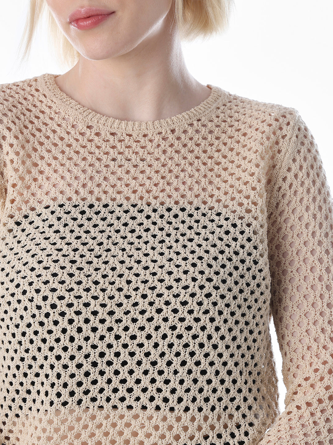 Beige Cut-Work O-Neck Pullover