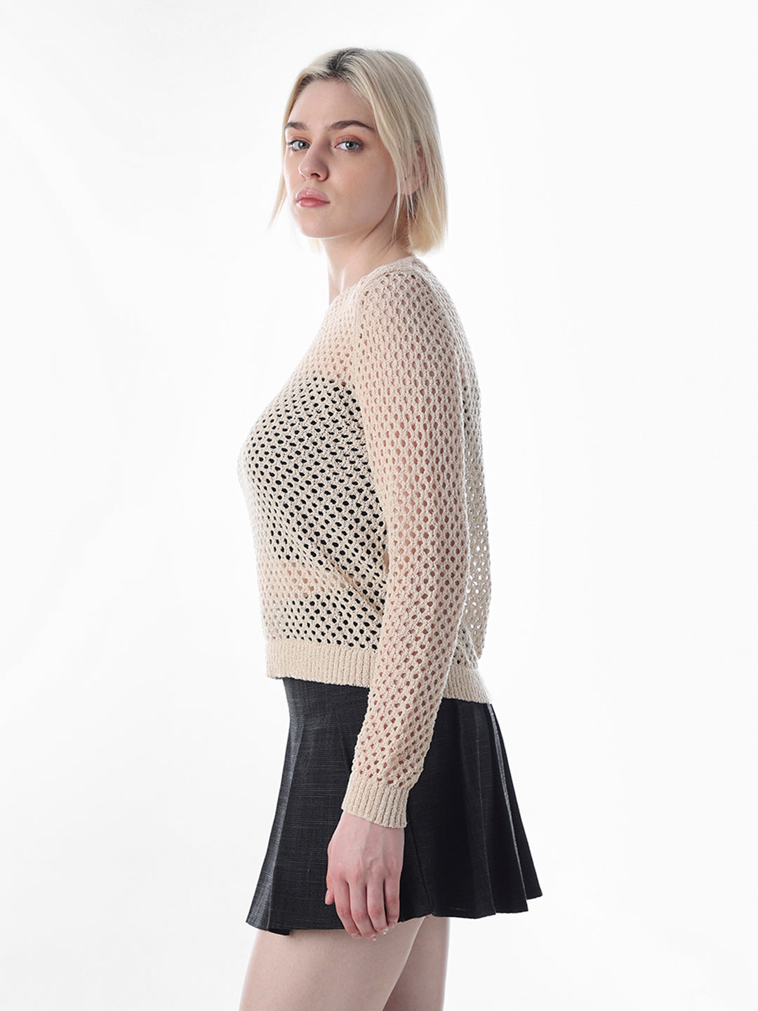 Beige Cut-Work O-Neck Pullover