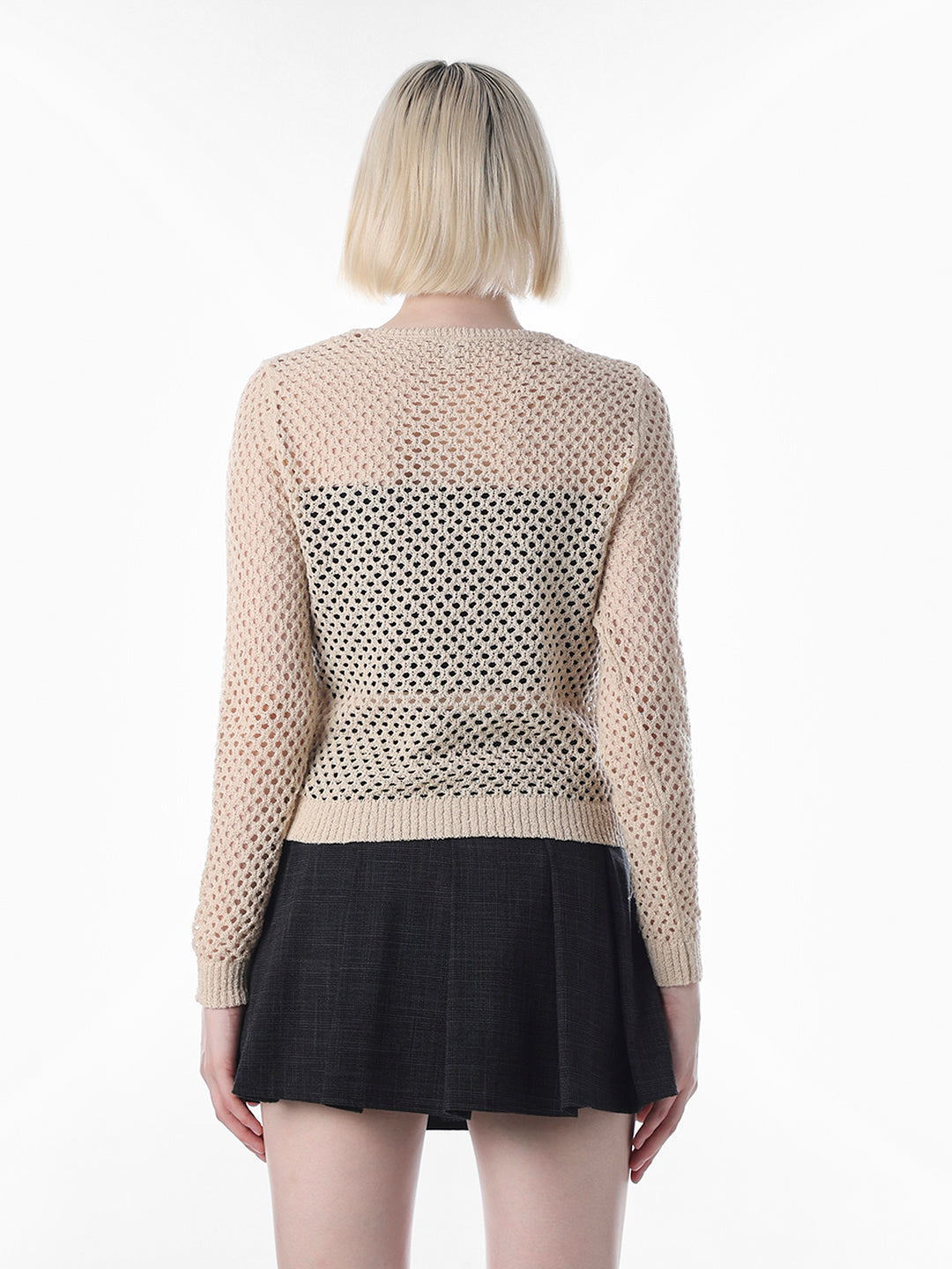 Beige Cut-Work O-Neck Pullover