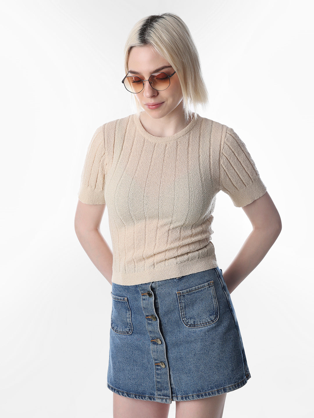Beige Fitted Ribbed Crop Top