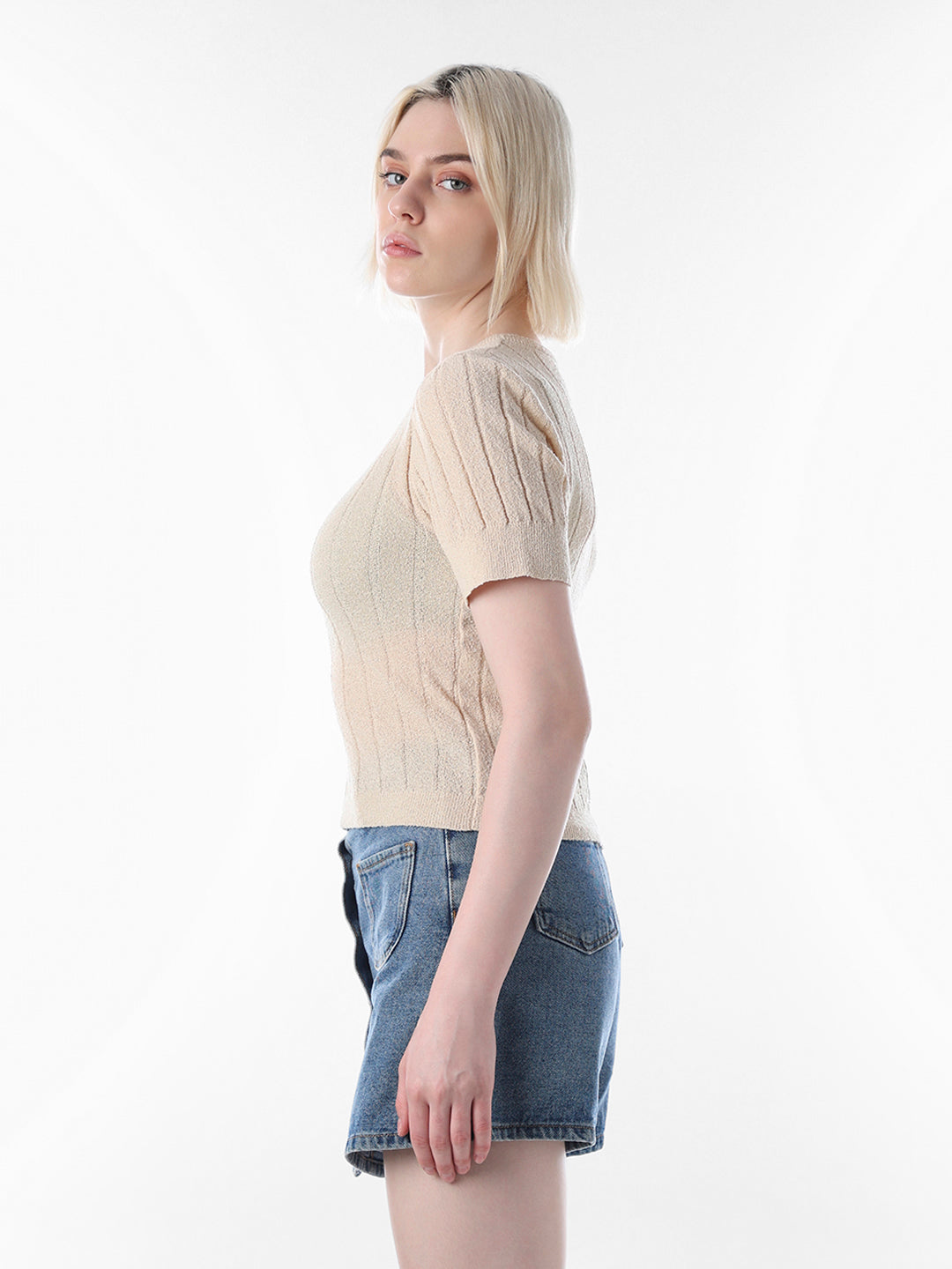 Beige Fitted Ribbed Crop Top