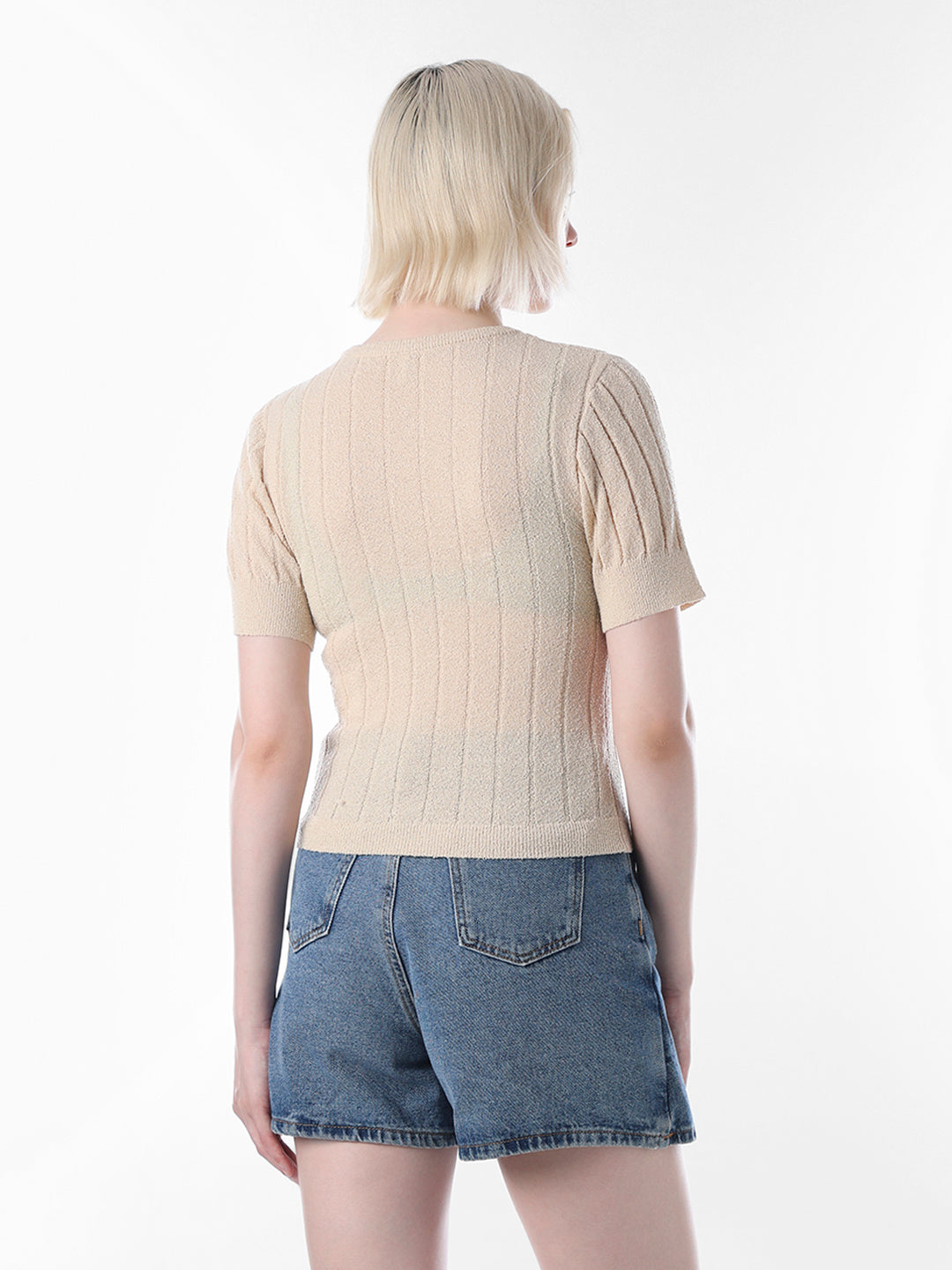 Beige Fitted Ribbed Crop Top