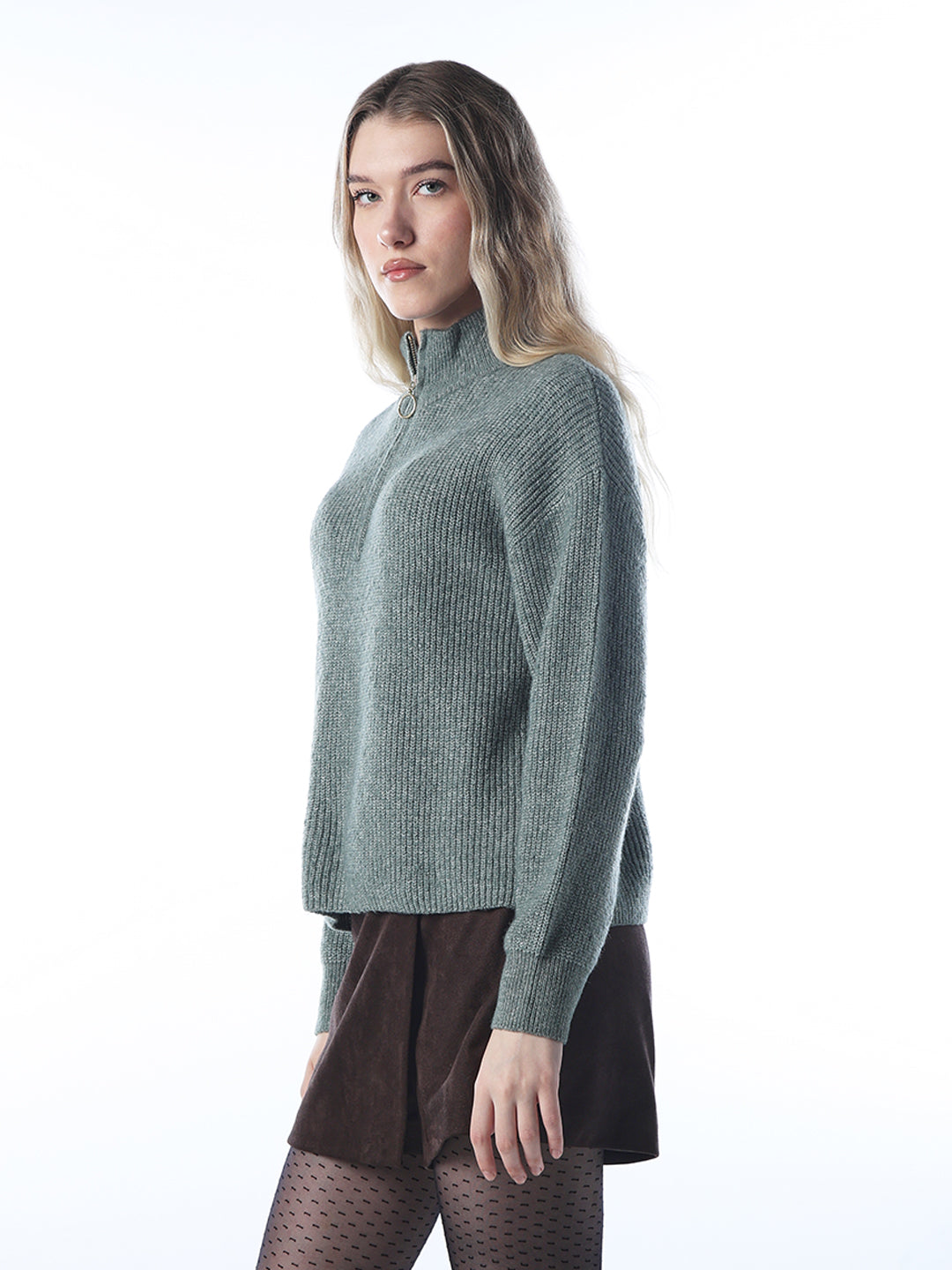 Zip-Up High Neck Pullover - Grey