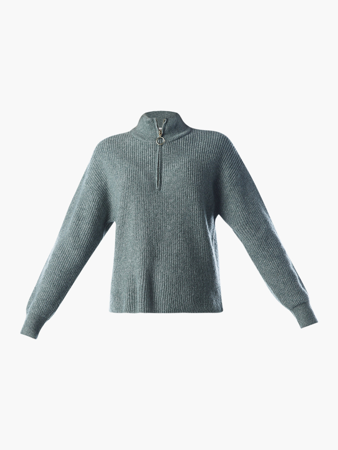 Zip-Up High Neck Pullover - Grey
