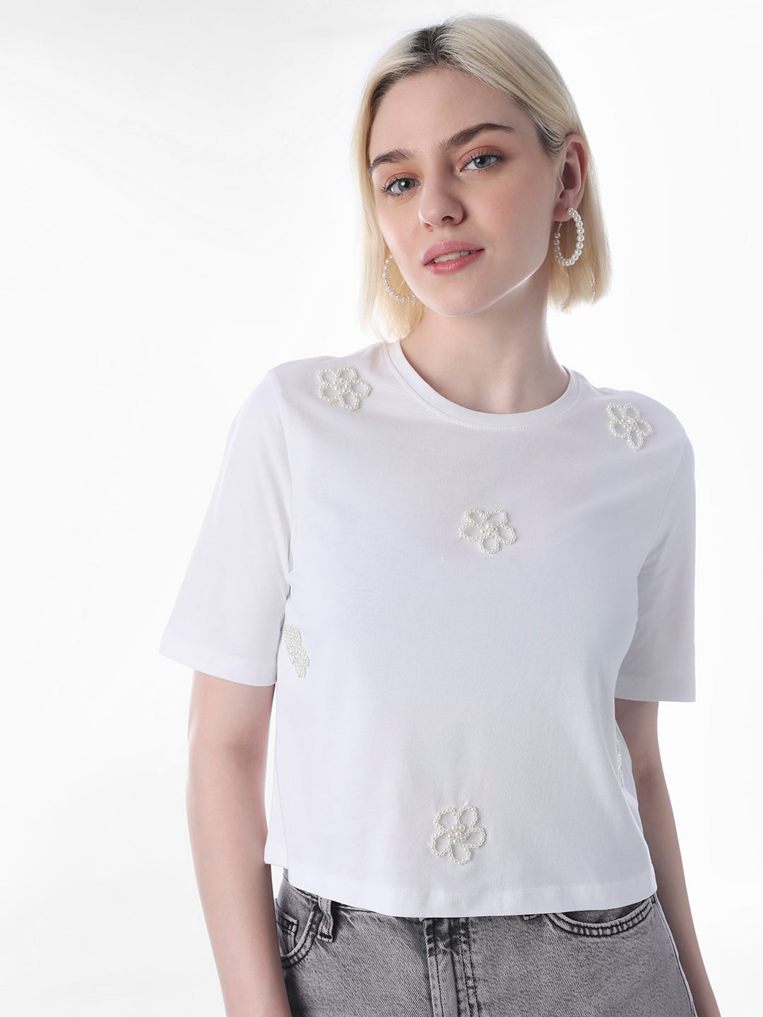 White Pearl Motif Cotton T-shirt
