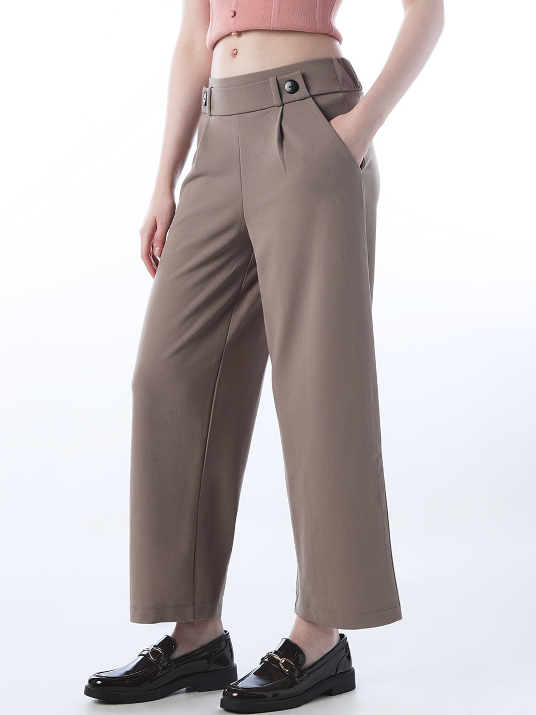Button Detail Pull-On Pants - Brown