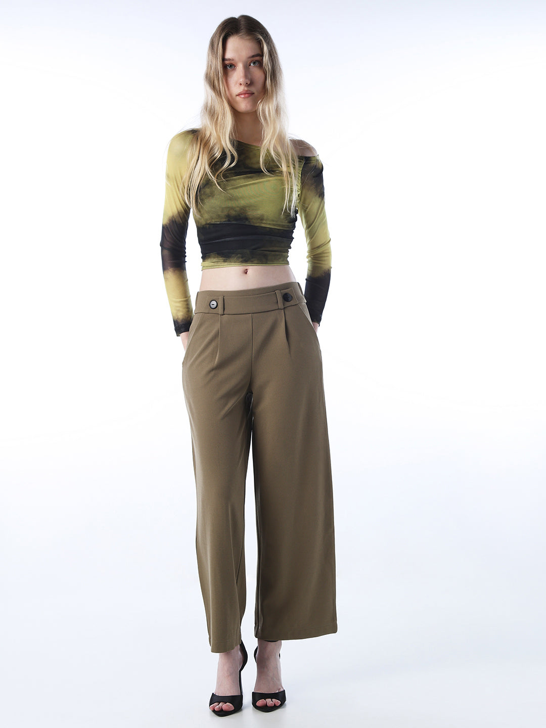 Button Detail Pull-On Pants - Olive