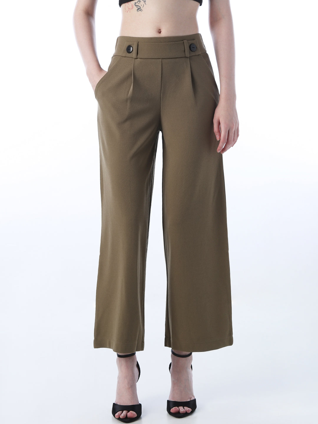 Button Detail Pull-On Pants - Olive