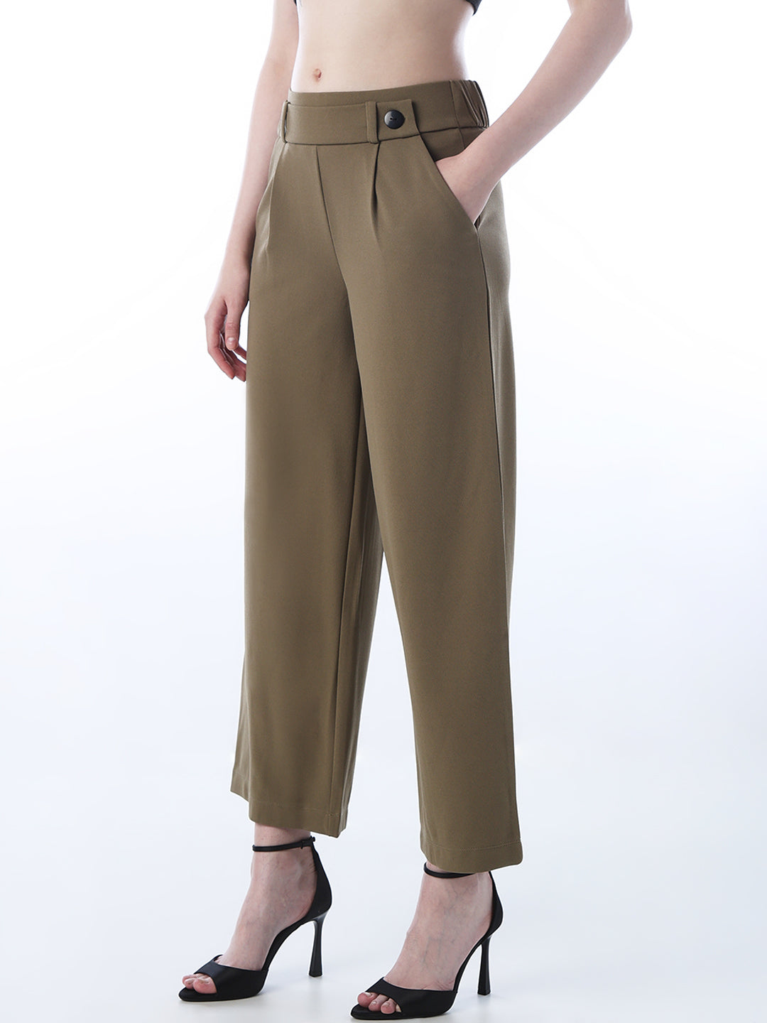 Button Detail Pull-On Pants - Olive