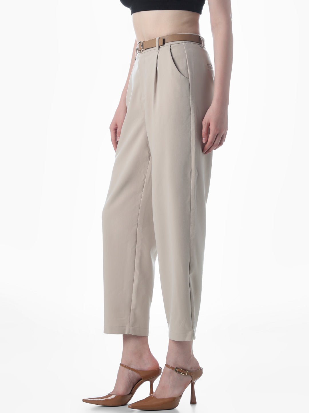 Beige PU Belted Ankle Length Pants