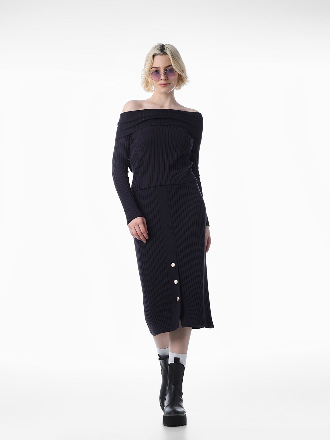 Navy Blue Ribbed Knitted Skirt