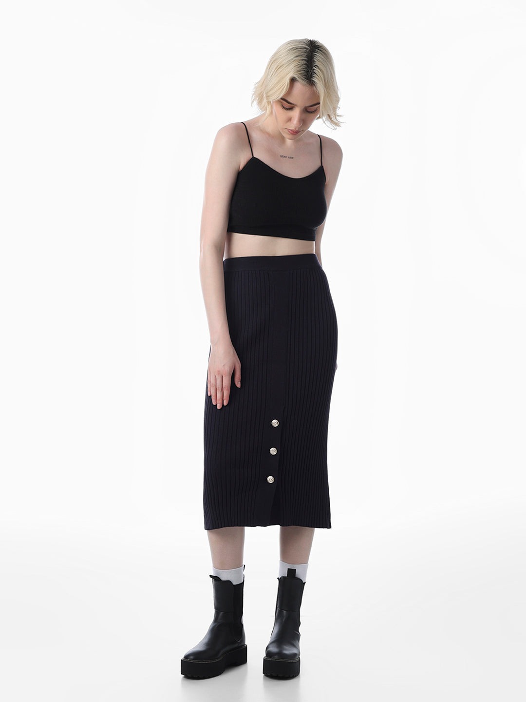 Navy Blue Ribbed Knitted Skirt