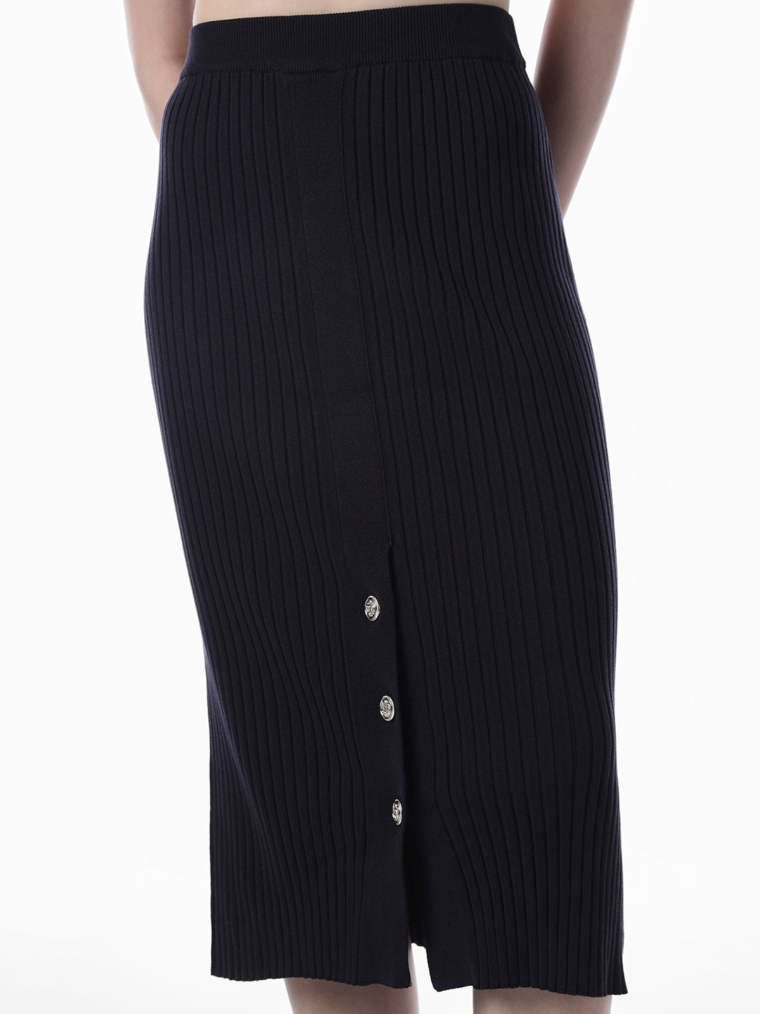 Navy Blue Ribbed Knitted Skirt