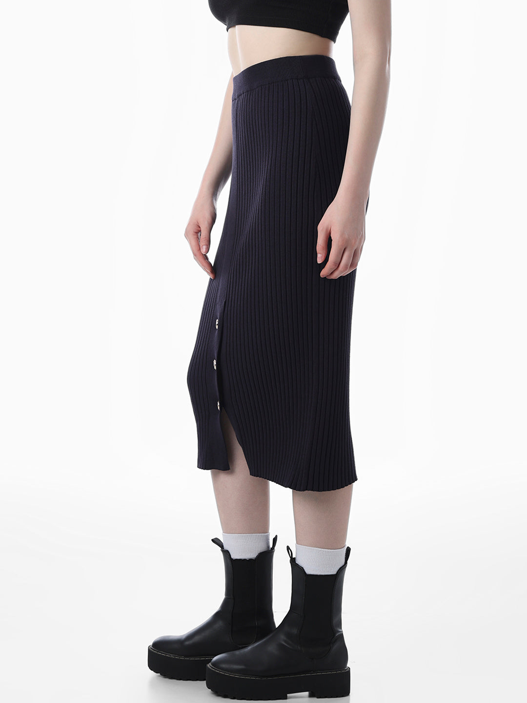 Navy Blue Ribbed Knitted Skirt