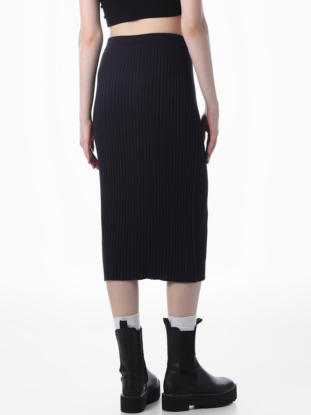 Navy Blue Ribbed Knitted Skirt