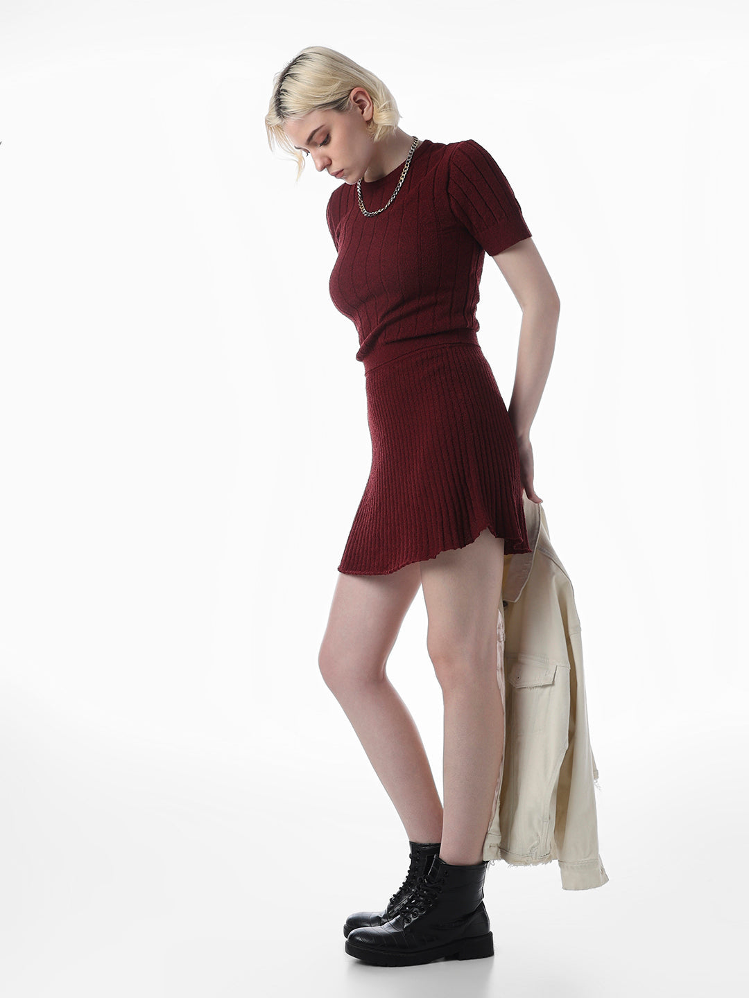 Maroon Ribbed Knitted Skirt