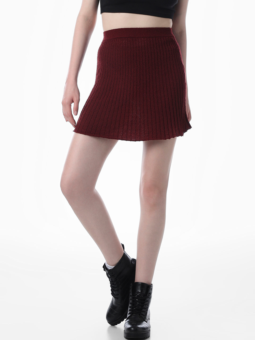 Maroon Ribbed Knitted Skirt