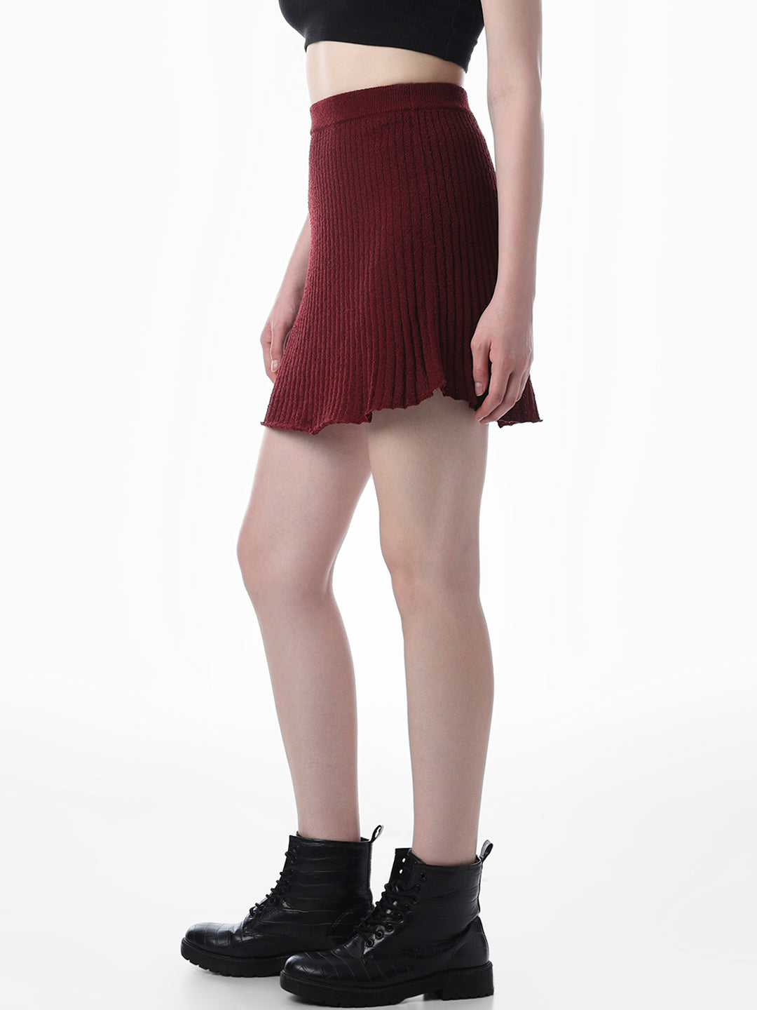 Maroon Ribbed Knitted Skirt