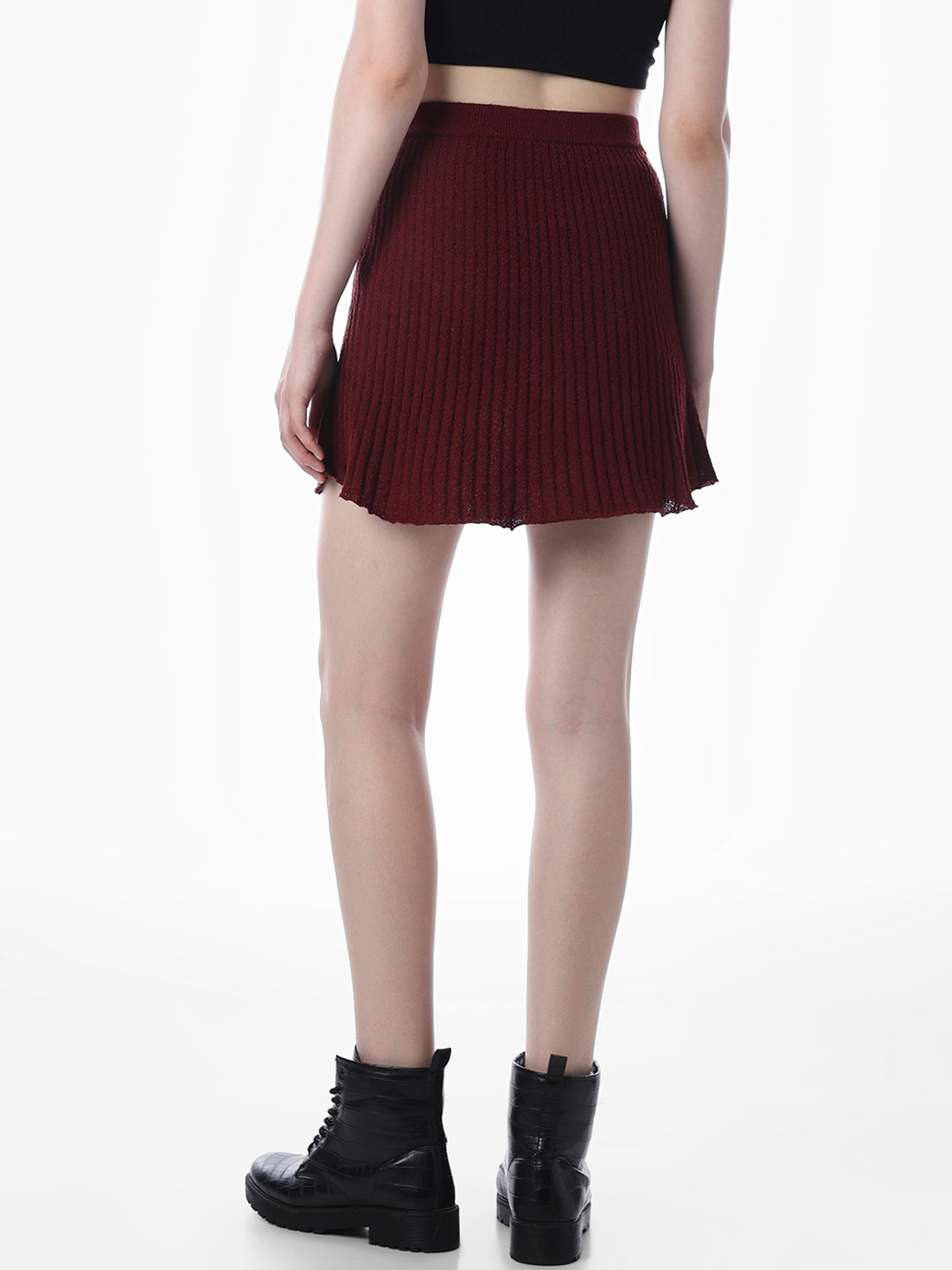 Maroon Ribbed Knitted Skirt