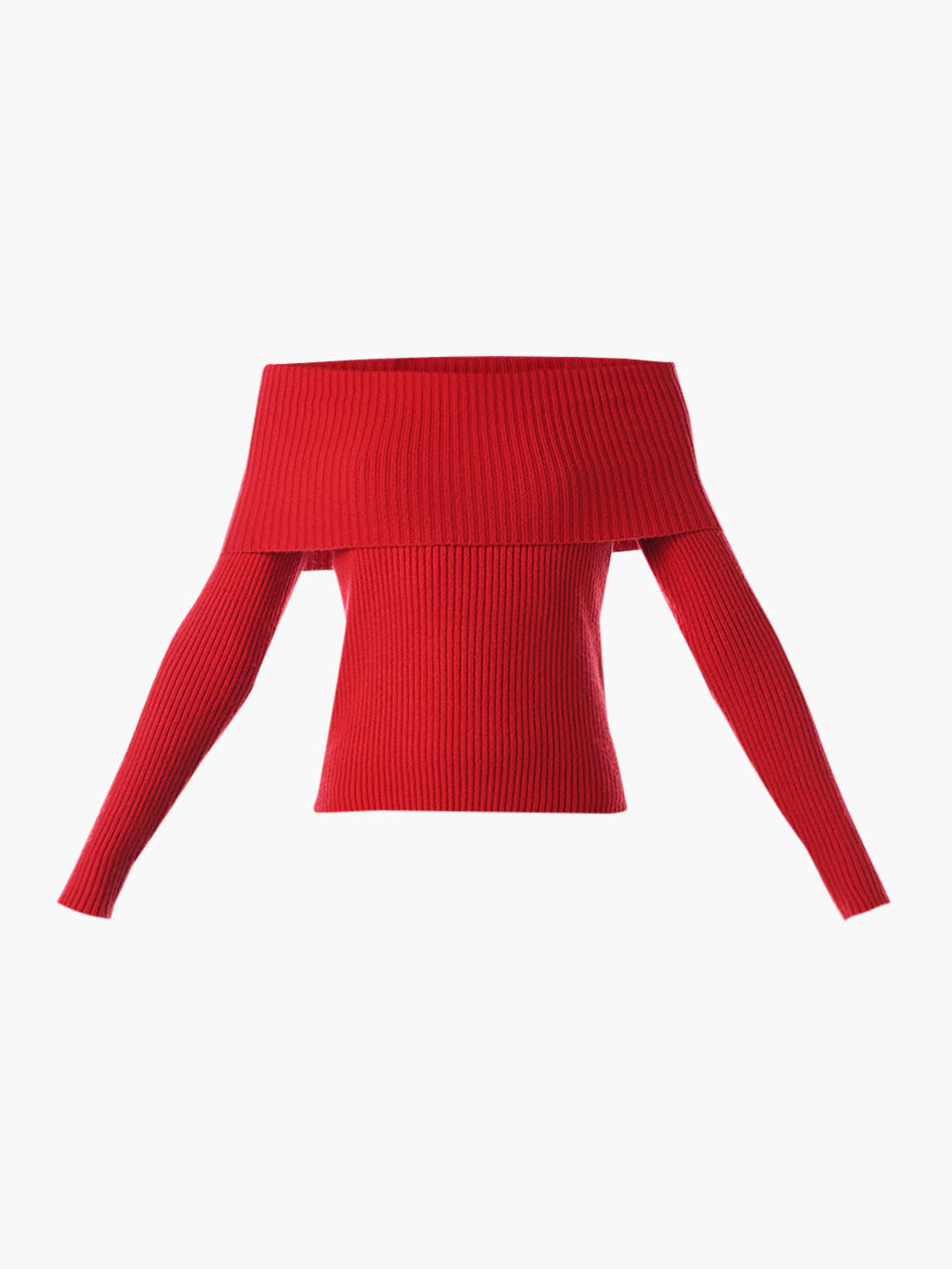 Off-Shoulder Fitted Pullover - Red