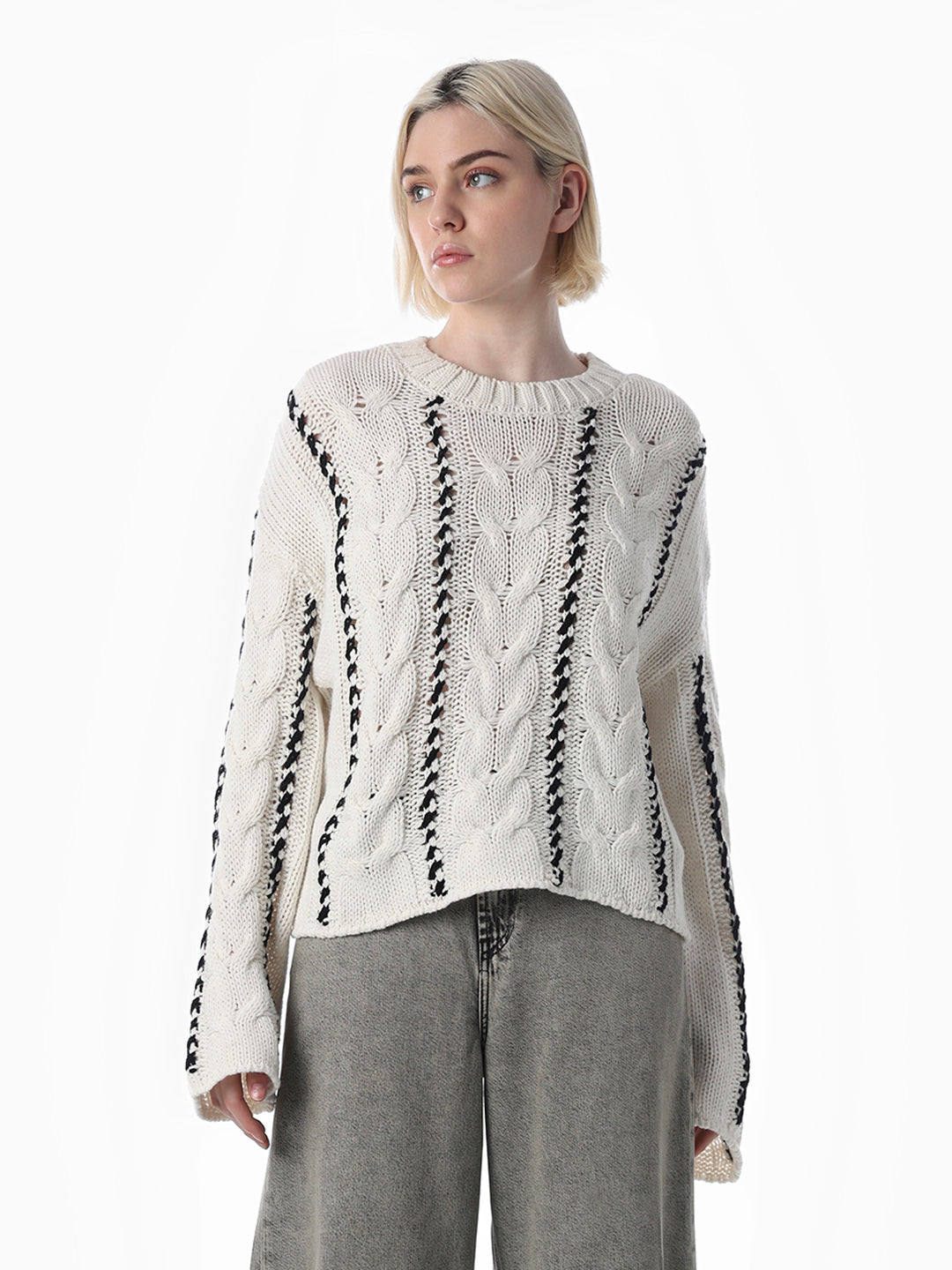 Off-White Cable Stitch O-Neck Pullover
