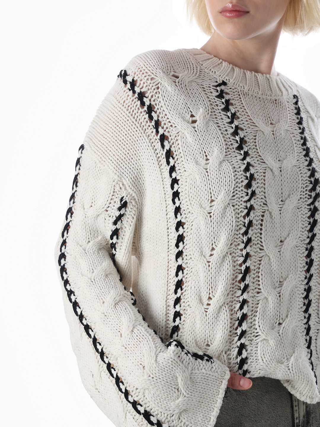 Off-White Cable Stitch O-Neck Pullover