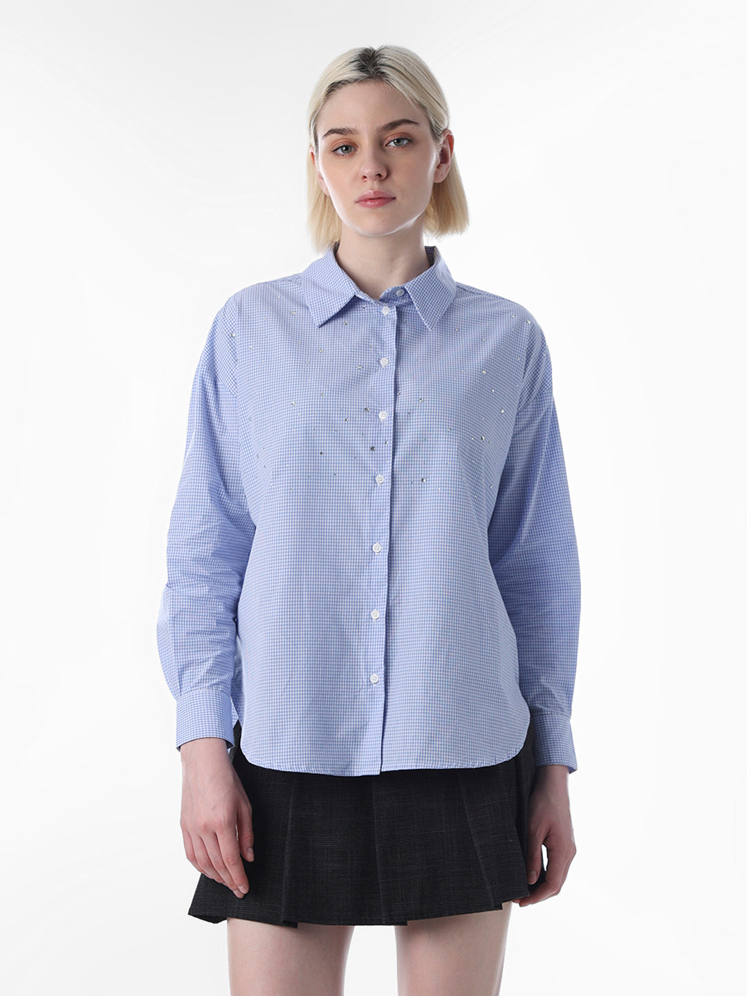Blue Check Rhinestone Detail Shirt