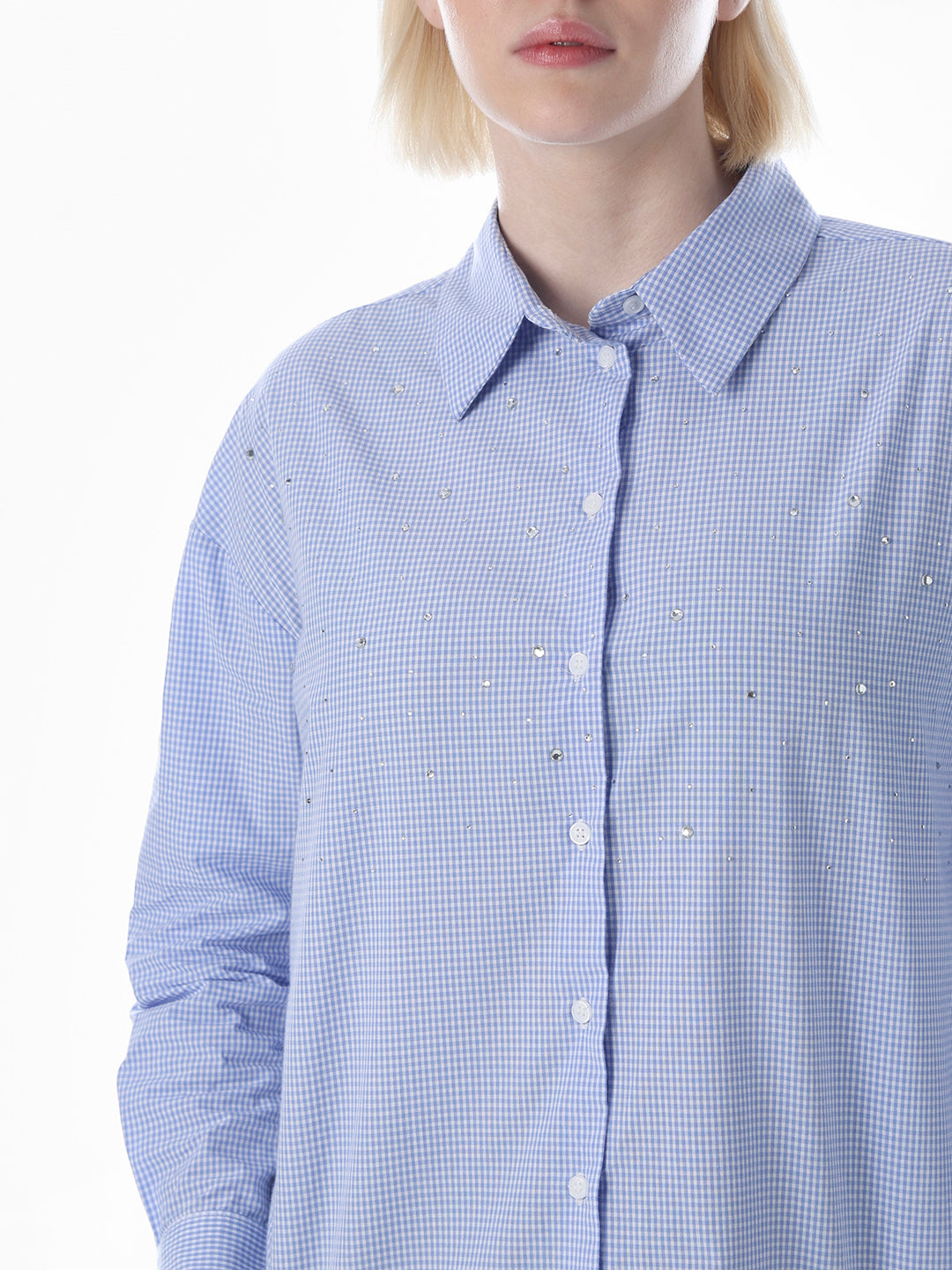 Blue Check Rhinestone Detail Shirt
