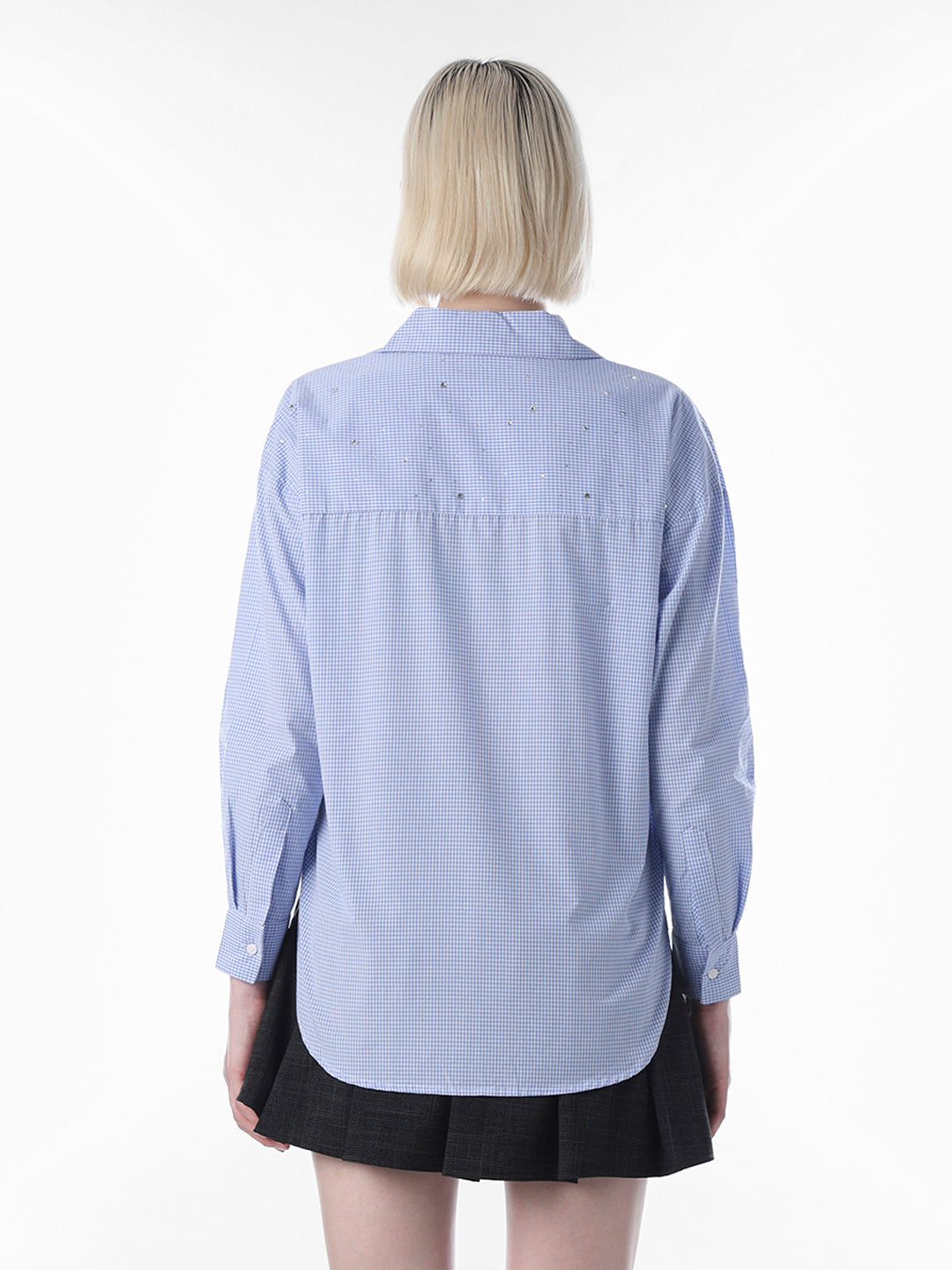 Blue Check Rhinestone Detail Shirt