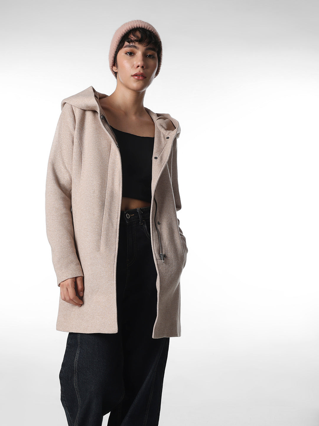 Beige Hooded Long Coat
