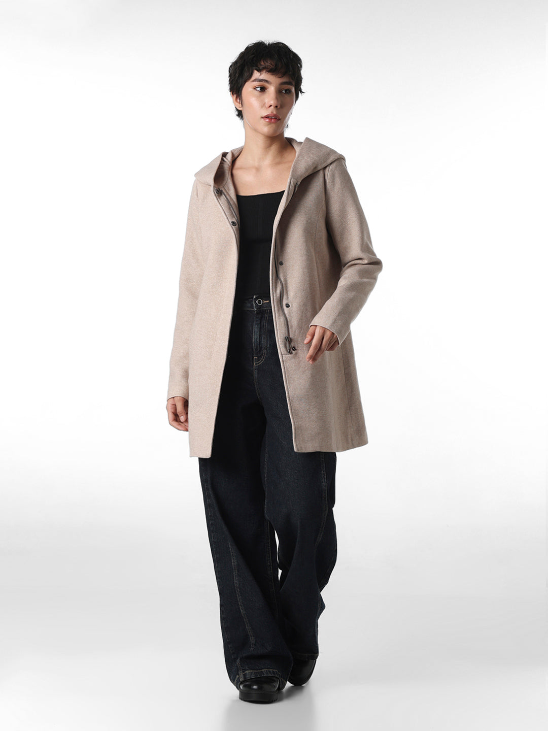 Beige Hooded Long Coat