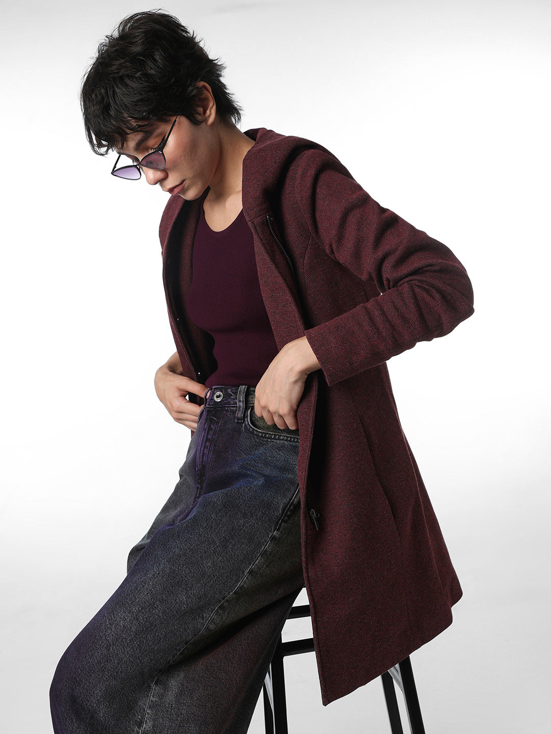 Maroon Hooded Long Coat