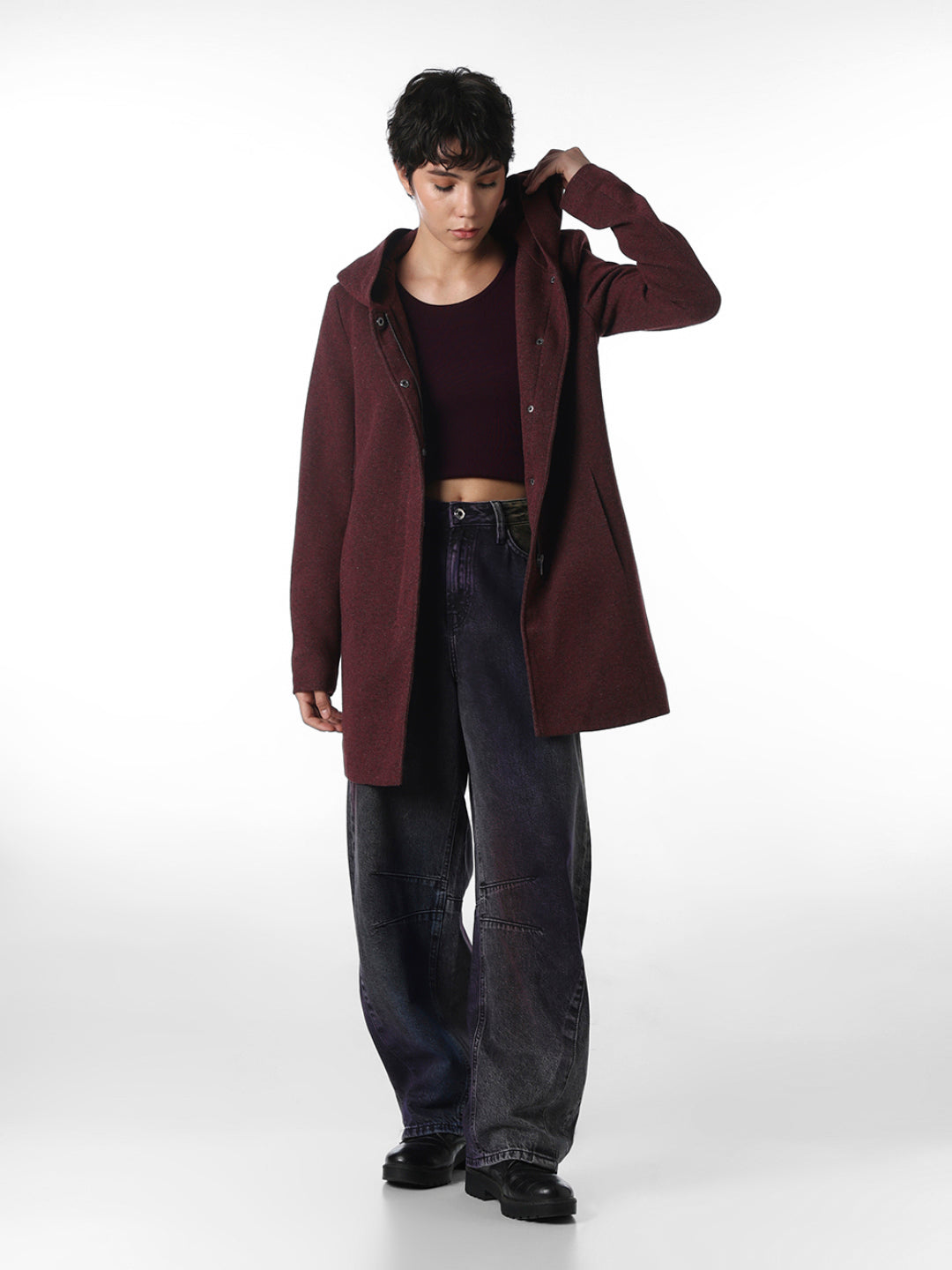 Maroon Hooded Long Coat