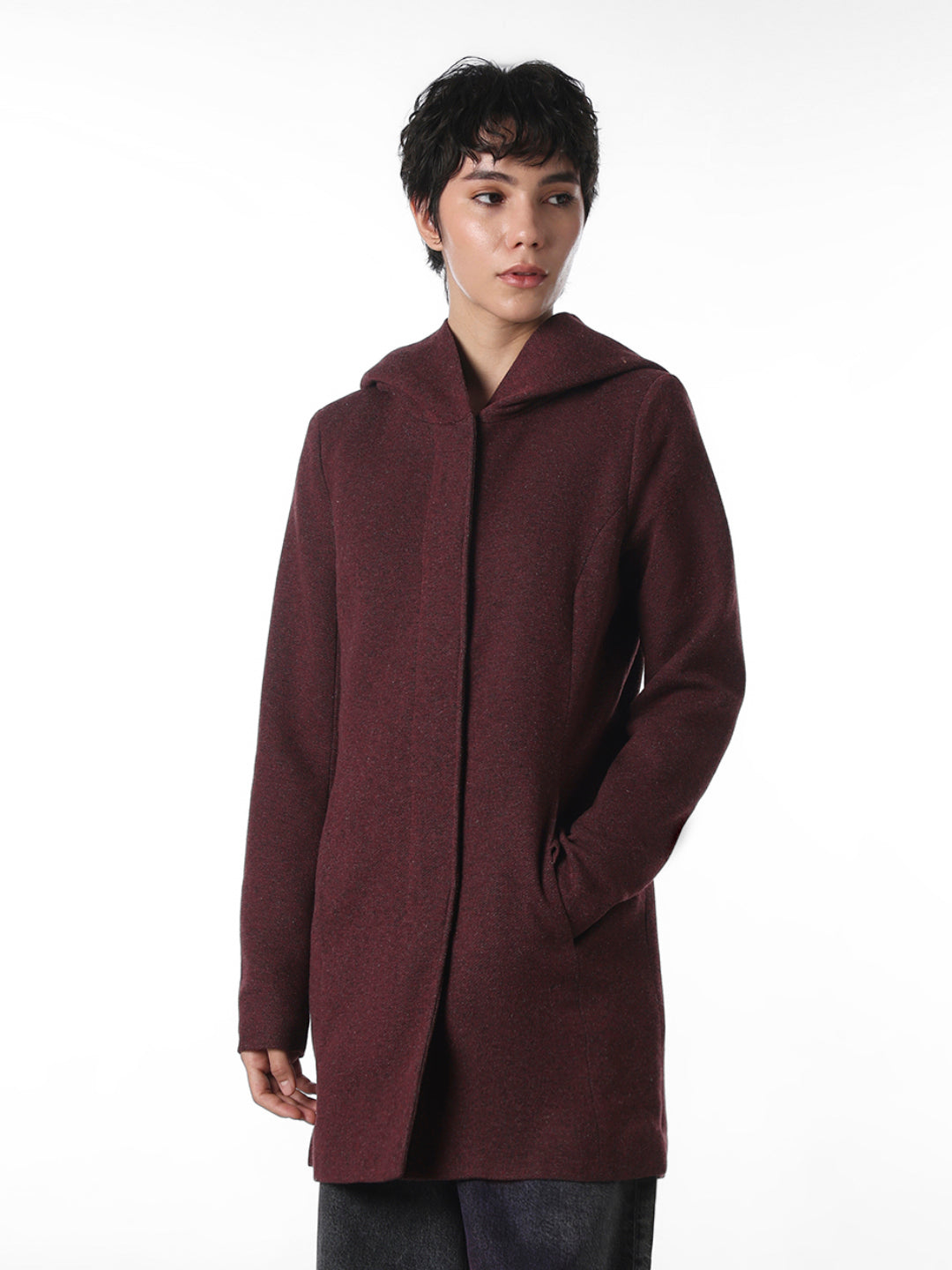 Maroon Hooded Long Coat